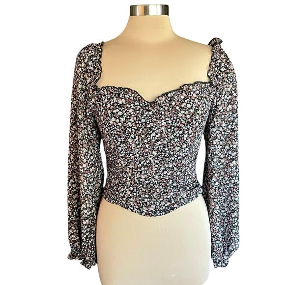 ASTR The Label Livie Black Wine Ditsy Top SM Sweetheart Neck Coquette Milkmaid - Picture 1 of 8